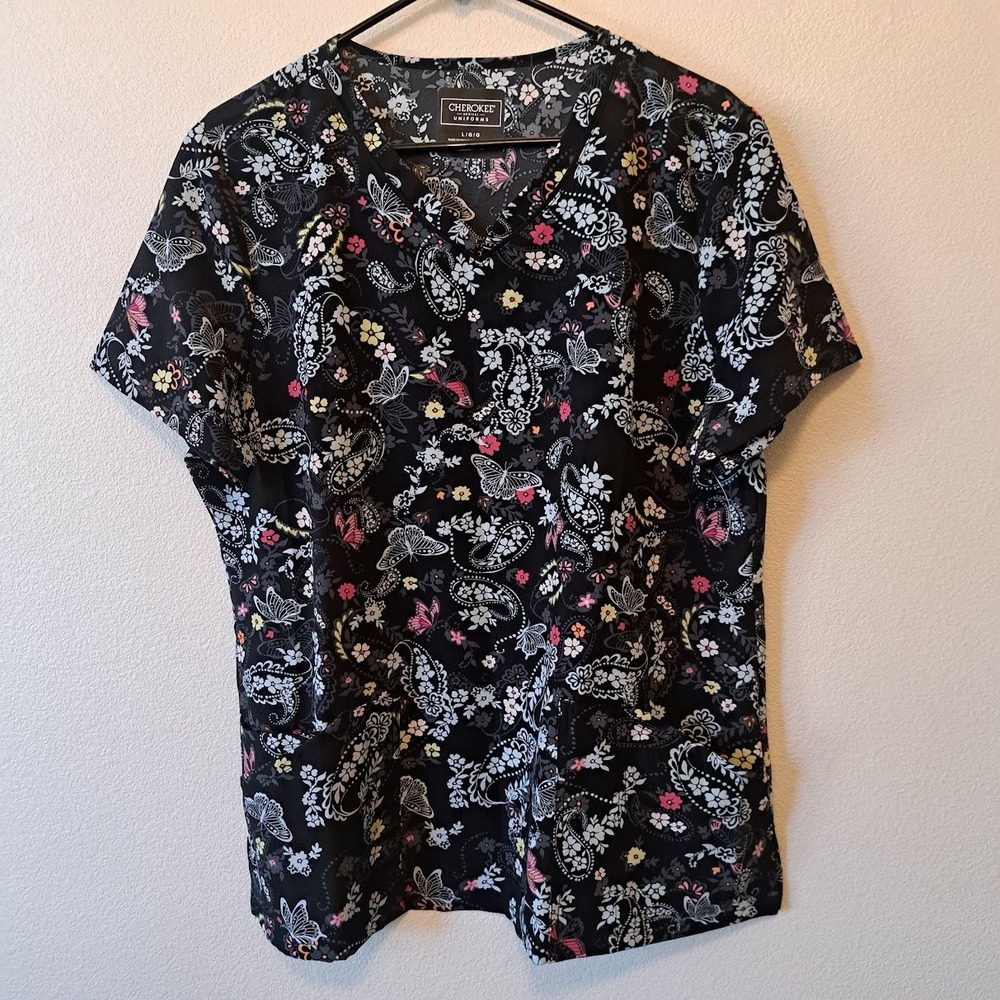 Cherokee Medical Uniforms Scrub Top CK678 Black Butterfly Floral Paisley Large